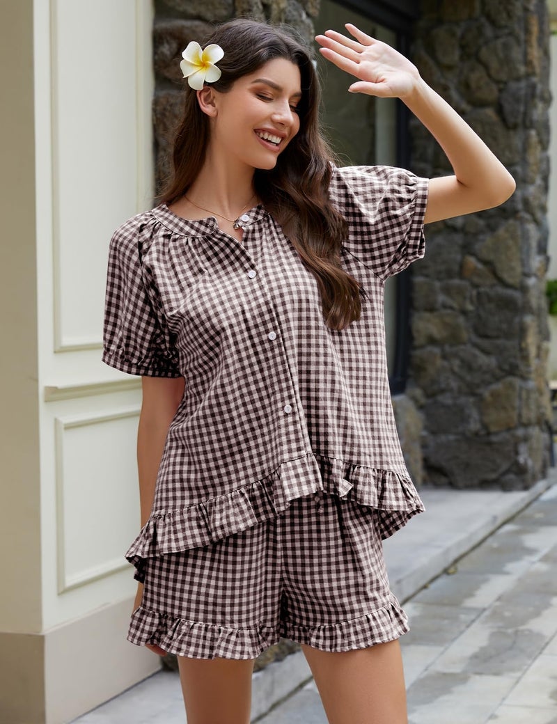 Flygo Womens Gingham Pajamas Set 2 Piece Cotton Pj Lounge Sets Puff Sleeve Ruffle Babydoll Shirt Shorts Summer Outfits(Coffee-S) - Image 5