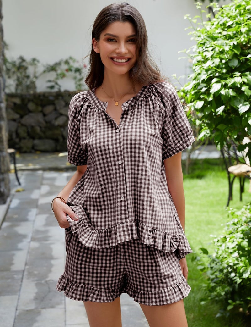 Flygo Womens Gingham Pajamas Set 2 Piece Cotton Pj Lounge Sets Puff Sleeve Ruffle Babydoll Shirt Shorts Summer Outfits(Coffee-S) - Image 2
