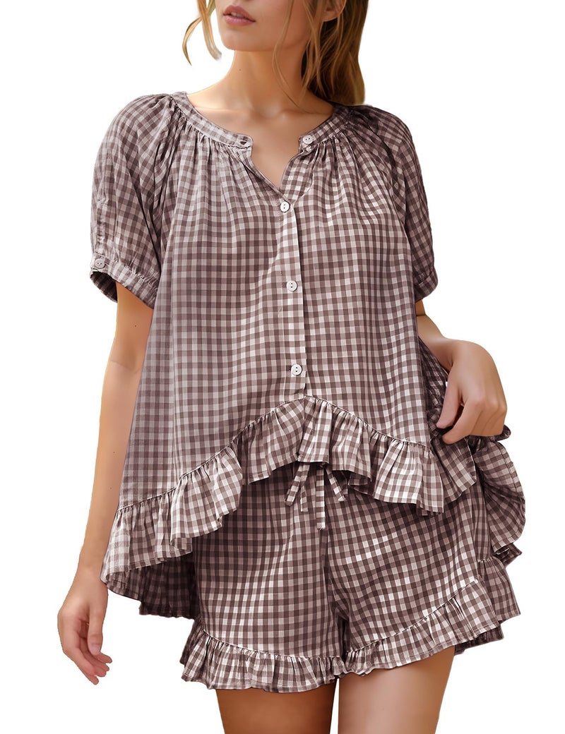 Flygo Womens Gingham Pajamas Set 2 Piece Cotton Pj Lounge Sets Puff Sleeve Ruffle Babydoll Shirt Shorts Summer Outfits(Coffee-S) - Image 1