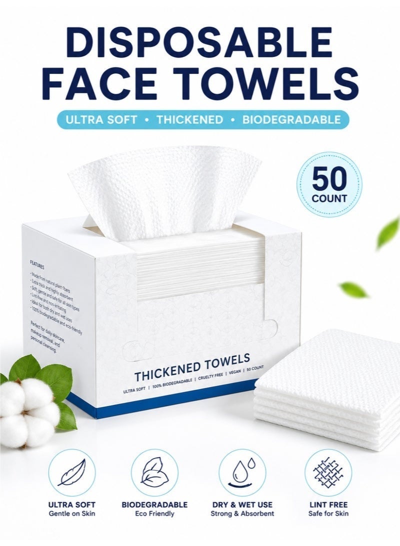 Disposable Face Towels 50 Count – Ultra Soft Thickened Biodegradable Facial Cleansing Towels, Lint-Free, Highly Absorbent Dry & Wet Face Tissues for Makeup Removal, Skincare, Sensitive Skin & Daily Face Drying - Image 1