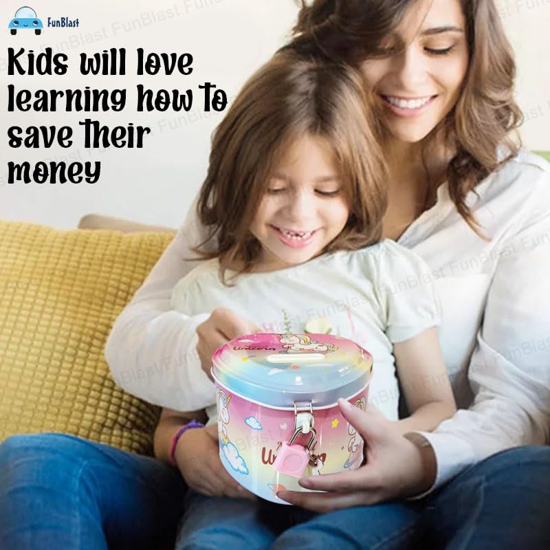 FunBlast حصالة للأطفال – حصالة نقود على شكل يونيكورن مع قفل ومفتاح – هدية عيد ميلاد للأولاد والبنات، حصالة نقود، صندوق عملات للأطفال، صندوق عملات معدني للأطفال (يونيكورن) - Image 4