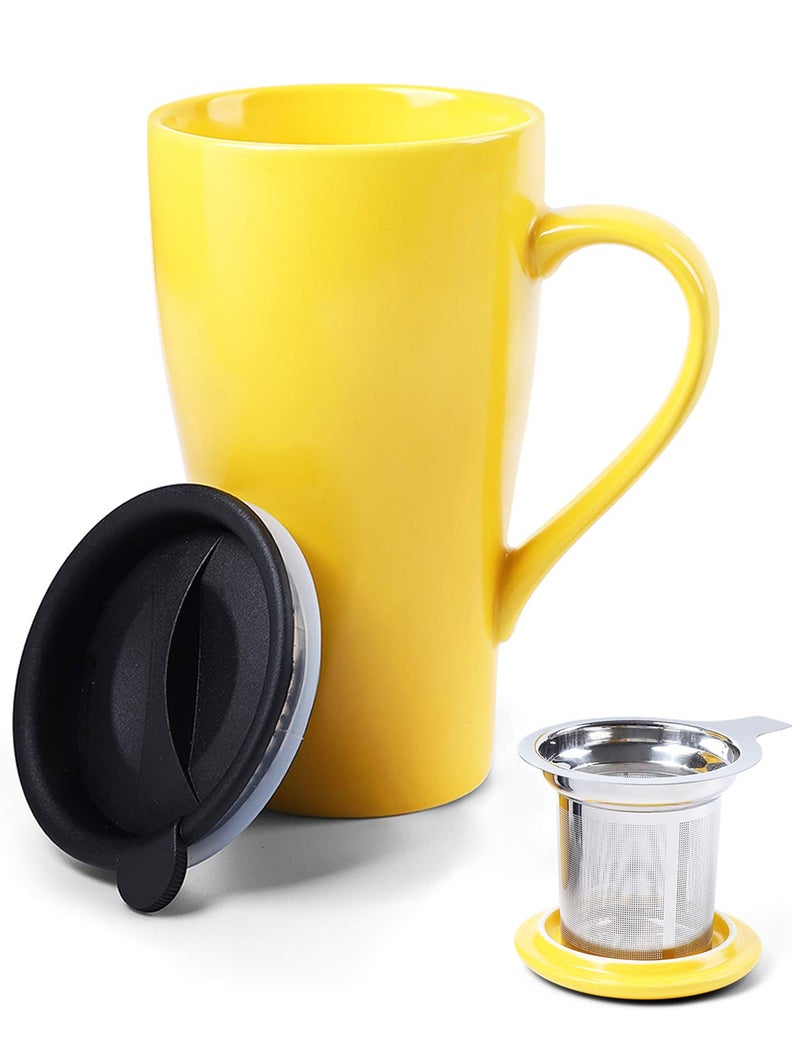 ARRADEN Tea Mug with Infuser and 2 Lids 18oz Large Tea Infuser Cup Tea Strainer Mug for Loose Leaf Ceramic Travel Mug with Teabag Holder Yellow