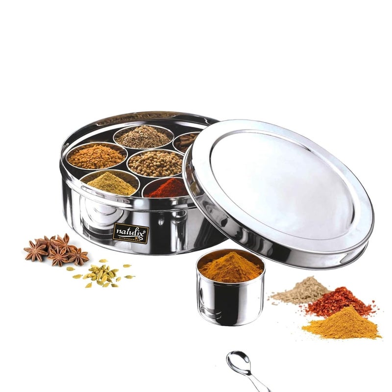 NATULIX Stainless Steel Masala Container Masala box for Kitchen Spice Box Masala Dabba with 7 Containers and Small Spoon Silver Medium 18cm 15 Ltr - Image 3