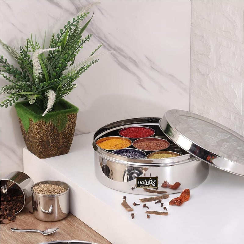 NATULIX Stainless Steel Masala Container Masala box for Kitchen Spice Box Masala Dabba with 7 Containers and Small Spoon Silver Medium 18cm 15 Ltr - Image 1