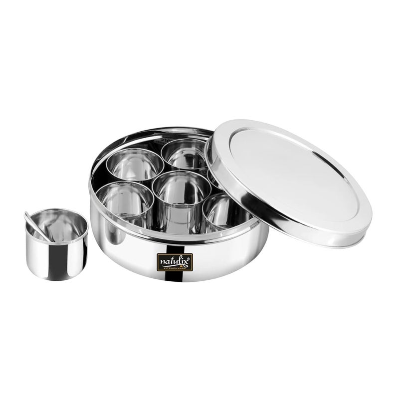 NATULIX Stainless Steel Masala Container Masala box for Kitchen Spice Box Masala Dabba with 7 Containers and Small Spoon Silver Medium 18cm 15 Ltr - Image 5