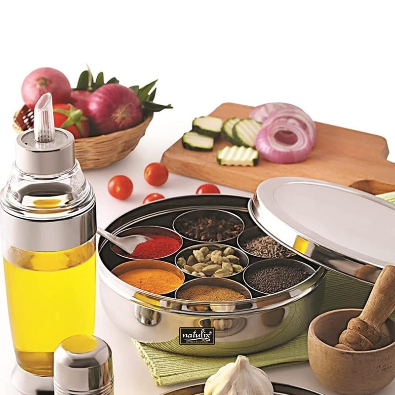NATULIX Stainless Steel Masala Container Masala box for Kitchen Spice Box Masala Dabba with 7 Containers and Small Spoon Silver Medium 18cm 15 Ltr - Image 2