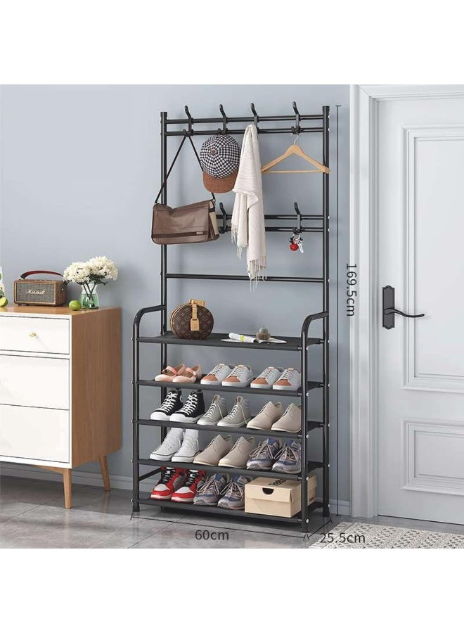 Generic Entryway Multipurpose rack for Cloth, coat, keys, cap and 5 tier Shoe organizer & storage with 8 hooks (Black) - Image 2