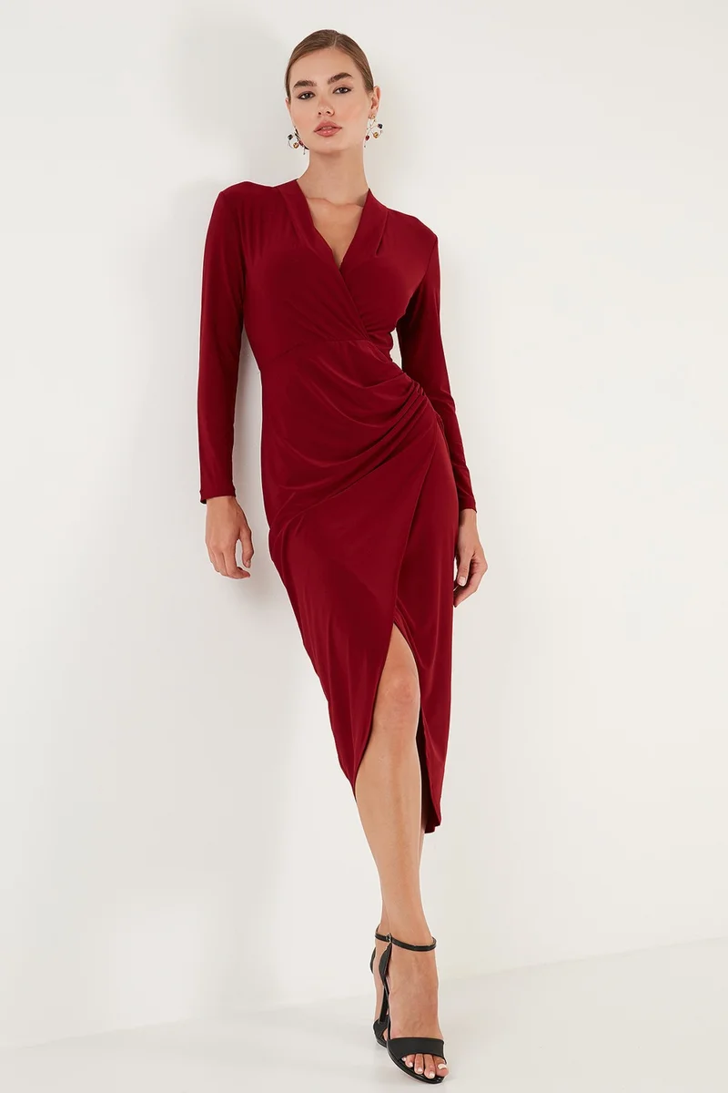 Lela Double Breasted Collar Slit Drape Detailed Midi Dress Women's Dress 611EL1769
