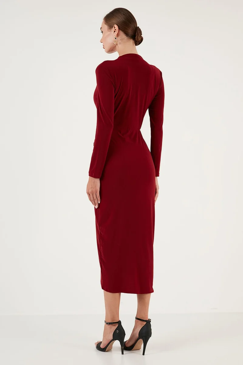 Lela Double Breasted Collar Slit Drape Detailed Midi Dress Women's Dress 611EL1769