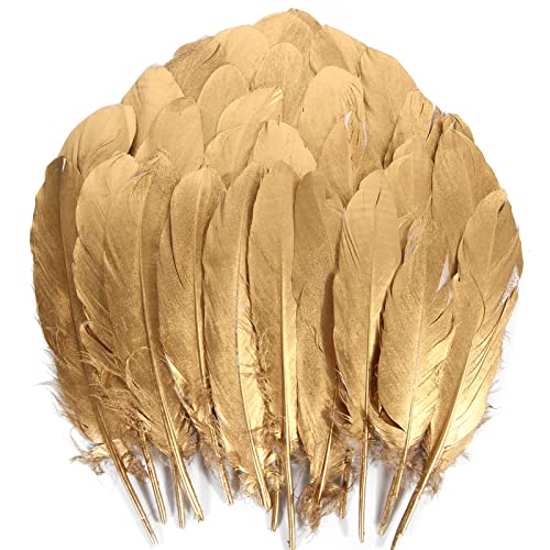THARAHT 120pcs Gold Goose Feathers Natural Bulk 6-8 inch 15-20cm for Crafts DIY Cosplay Wedding Party Halloween Decoration Goose Nagoire Feathers - Image 1