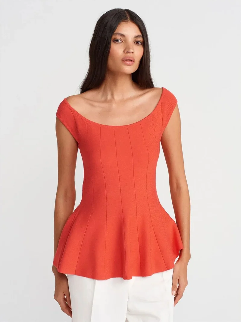 ديلفين DILVIN Fitted Ribbed Peplum Blouse