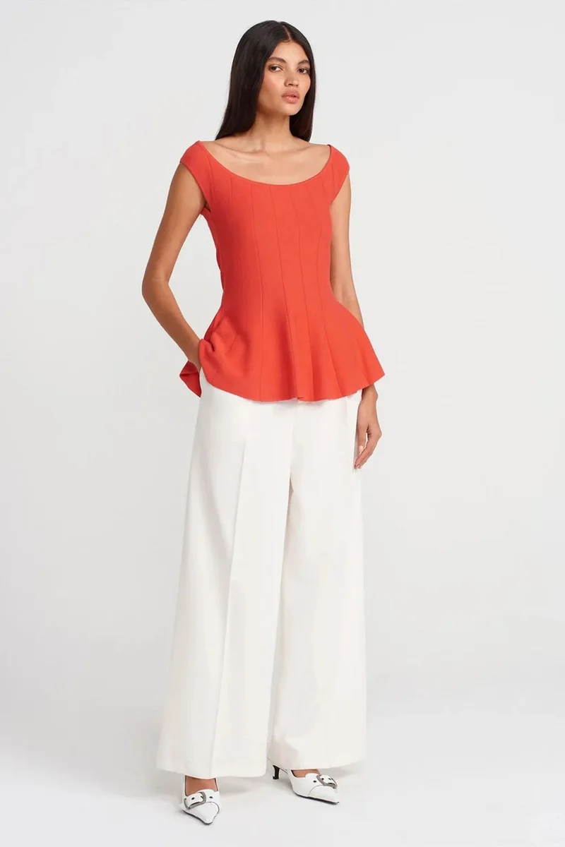 Dilvin Bright Orange DILVIN Fitted Ribbed Peplum Blouse for Women | Best Price UAE