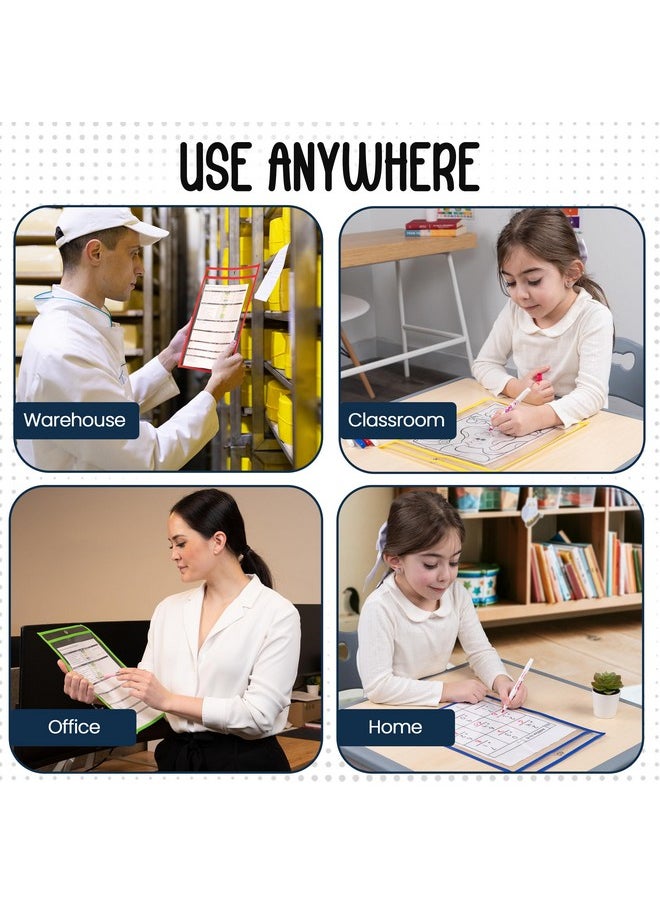 Essex Wares - 6 Pack Assorted Dry Erase Pocket Document Protectors 10 Wide X 13.5 Tall Dry Erase Clear Plastic Sleeves Reusable & Easy Erase Plastic Invoice Holders Waterresistant & Durable - Image 1
