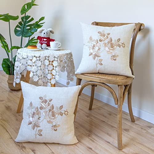 BrekSdat Pillow Covers 18 x 18 Inches Set of 2 Beige Soft Throw Pillow Covers with Beige Rose Farmhouse Decoration Exquisite Embroidery Cushion Covers for Home Bed Couch Sofa - Image 4
