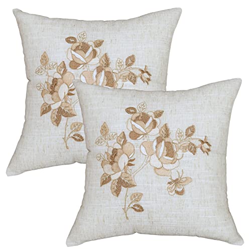 BrekSdat Pillow Covers 18 x 18 Inches Set of 2 Beige Soft Throw Pillow Covers with Beige Rose Farmhouse Decoration Exquisite Embroidery Cushion Covers for Home Bed Couch Sofa - Image 1