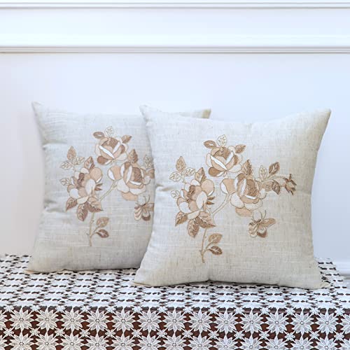 BrekSdat Pillow Covers 18 x 18 Inches Set of 2 Beige Soft Throw Pillow Covers with Beige Rose Farmhouse Decoration Exquisite Embroidery Cushion Covers for Home Bed Couch Sofa - Image 2