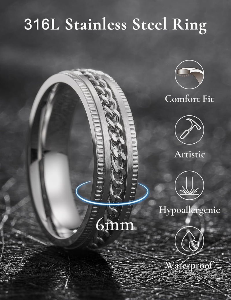 King Will 316L Stainless Steel Fidget Ring for Men Women-8mm Width with Stylish Chain Inlay Spinner Ring Stress Relief, Durable Wedding Band Comfort Fit Size 4-16 - Image 2