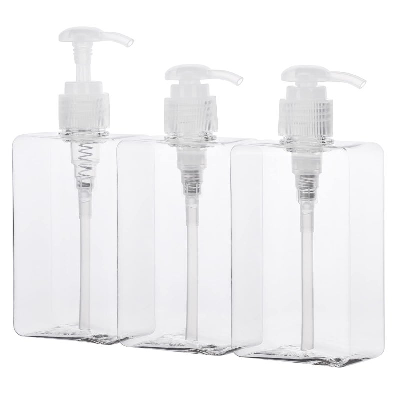 Suream Refillable Shampoo and Conditioner Bottles 95oz280ml Clear Plastic Pump Dispensers for Shower Square Empty Bathroom Bottle for Body Wash Essential Oil Soap Liquid Lotion 3Pack