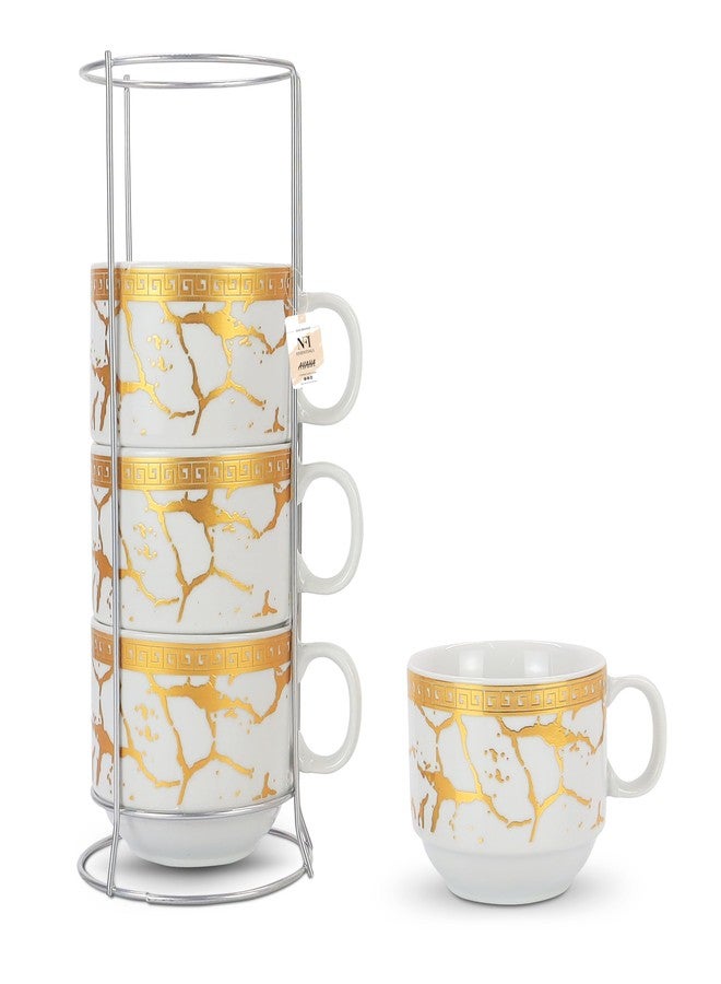 NFI essentials Set of 4 Ceramic Tea Cups with Stand Safe for The Microwave and Dishwasher Stackable Tea Cup Printed Coffee Mugs for Gifting with Holder 150 ML - Image 1