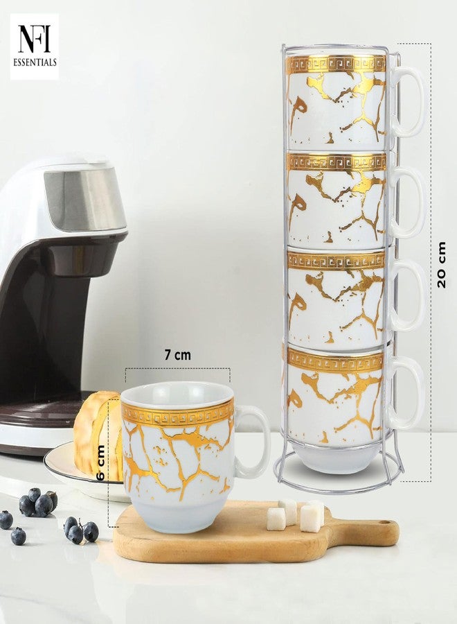 NFI essentials Set of 4 Ceramic Tea Cups with Stand Safe for The Microwave and Dishwasher Stackable Tea Cup Printed Coffee Mugs for Gifting with Holder 150 ML - Image 4