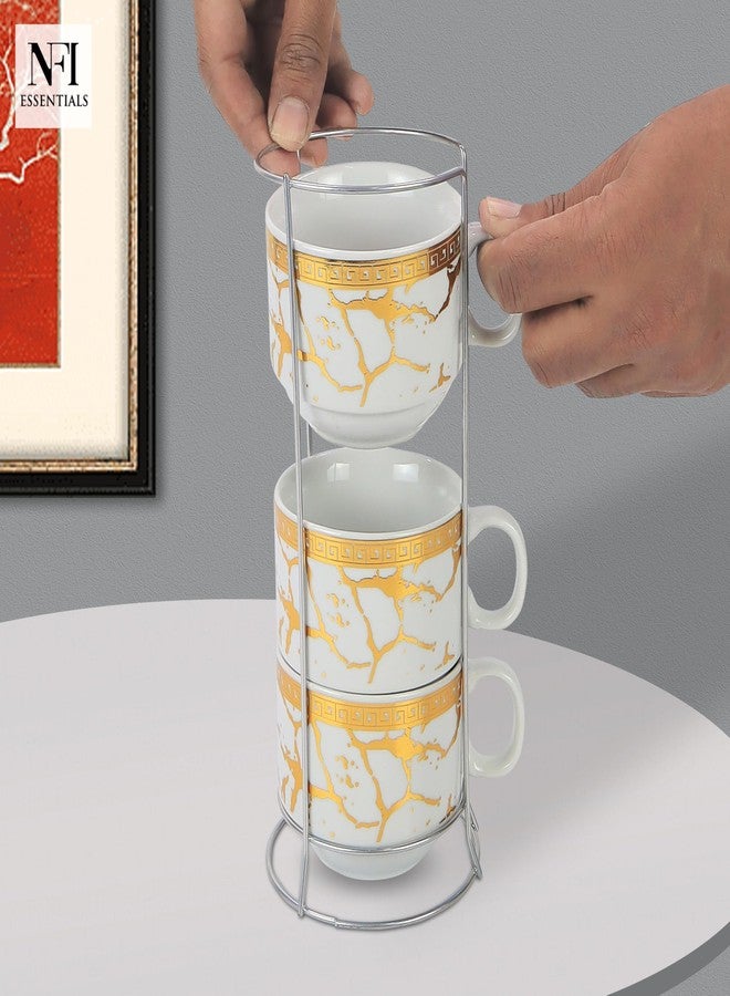 NFI essentials Set of 4 Ceramic Tea Cups with Stand Safe for The Microwave and Dishwasher Stackable Tea Cup Printed Coffee Mugs for Gifting with Holder 150 ML - Image 5