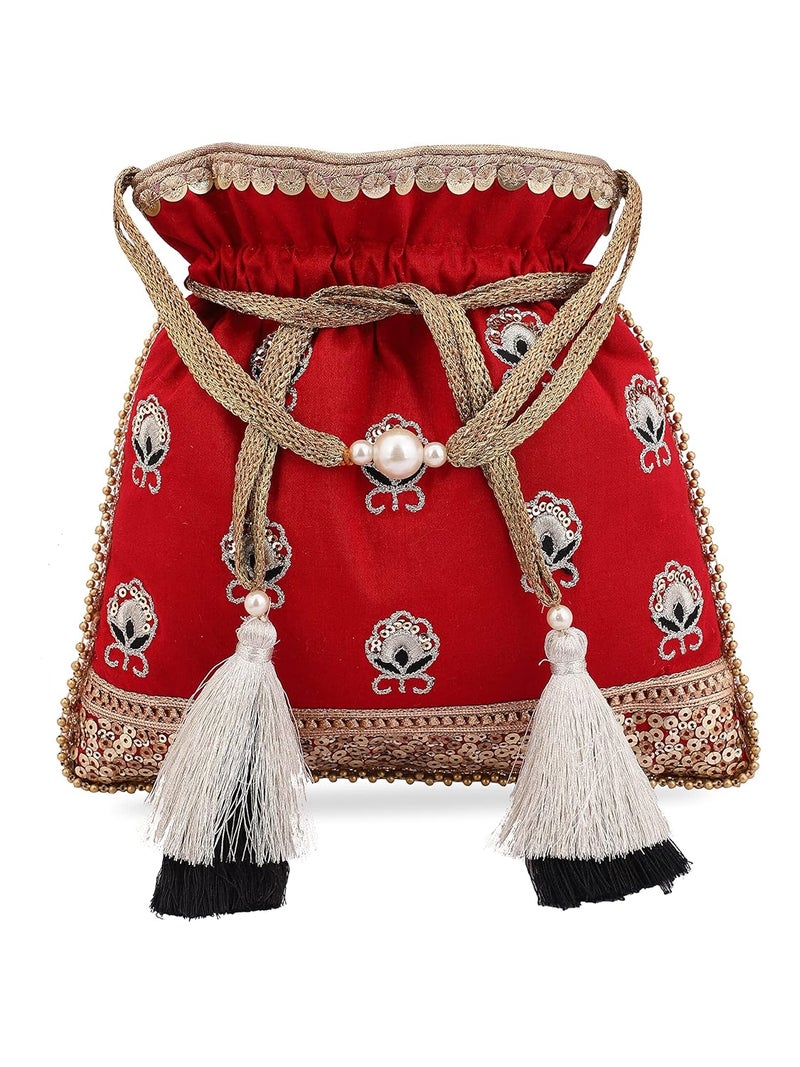 MASQ by Q-One Embroidered Silk Potli Bags - Handcrafted for Weddings, Festive Season & Special Occasions with Beads and Sequins - Made in India - Image 1