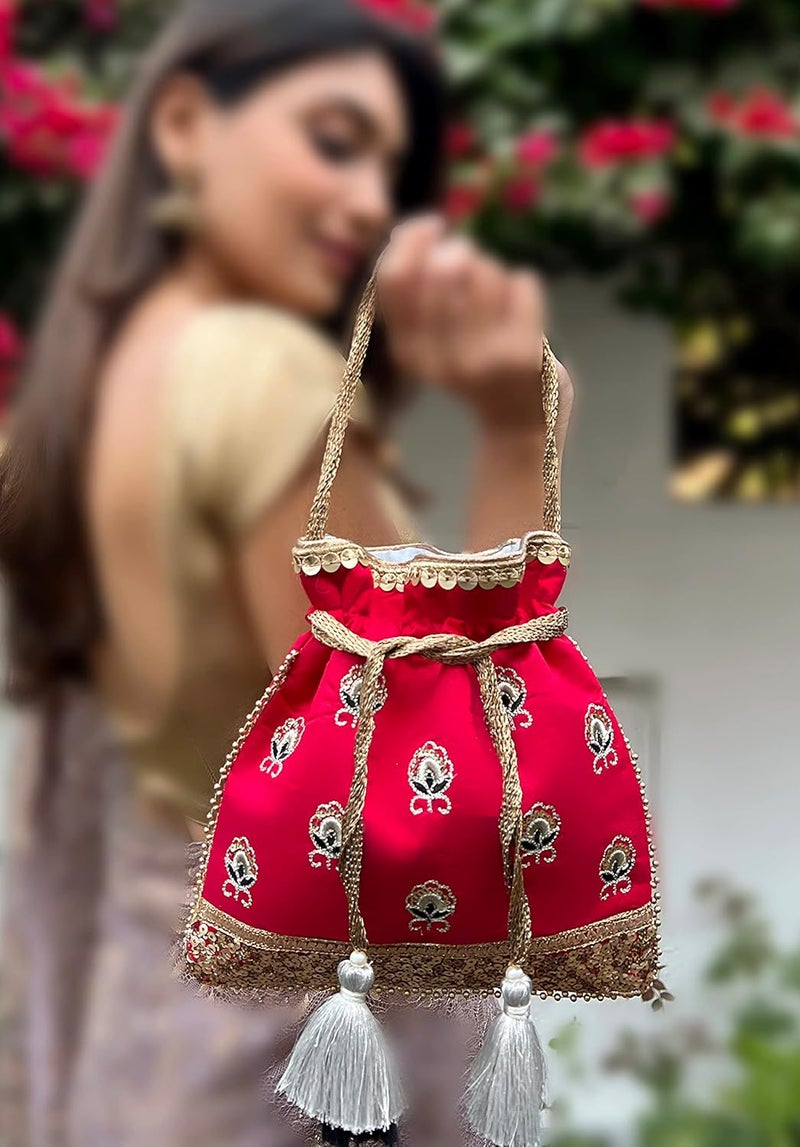 MASQ by Q-One Embroidered Silk Potli Bags - Handcrafted for Weddings, Festive Season & Special Occasions with Beads and Sequins - Made in India - Image 3