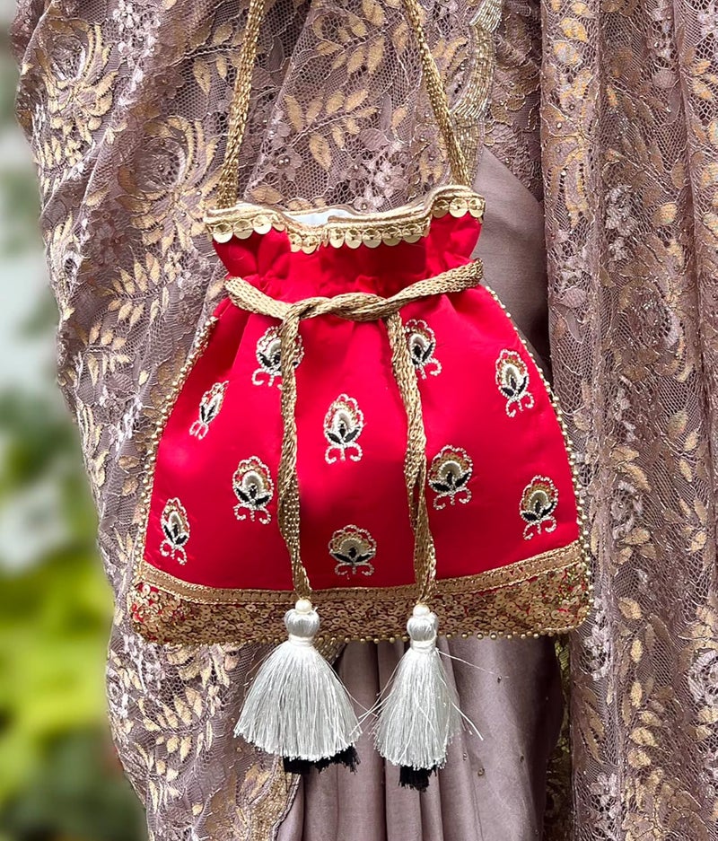 MASQ by Q-One Embroidered Silk Potli Bags - Handcrafted for Weddings, Festive Season & Special Occasions with Beads and Sequins - Made in India - Image 4