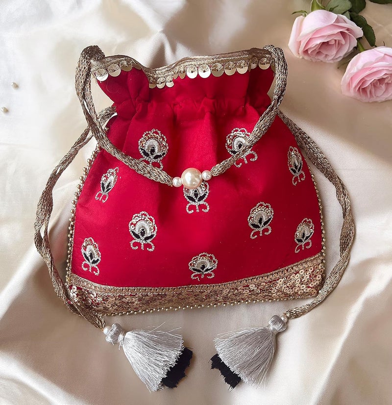 MASQ by Q-One Embroidered Silk Potli Bags - Handcrafted for Weddings, Festive Season & Special Occasions with Beads and Sequins - Made in India - Image 2