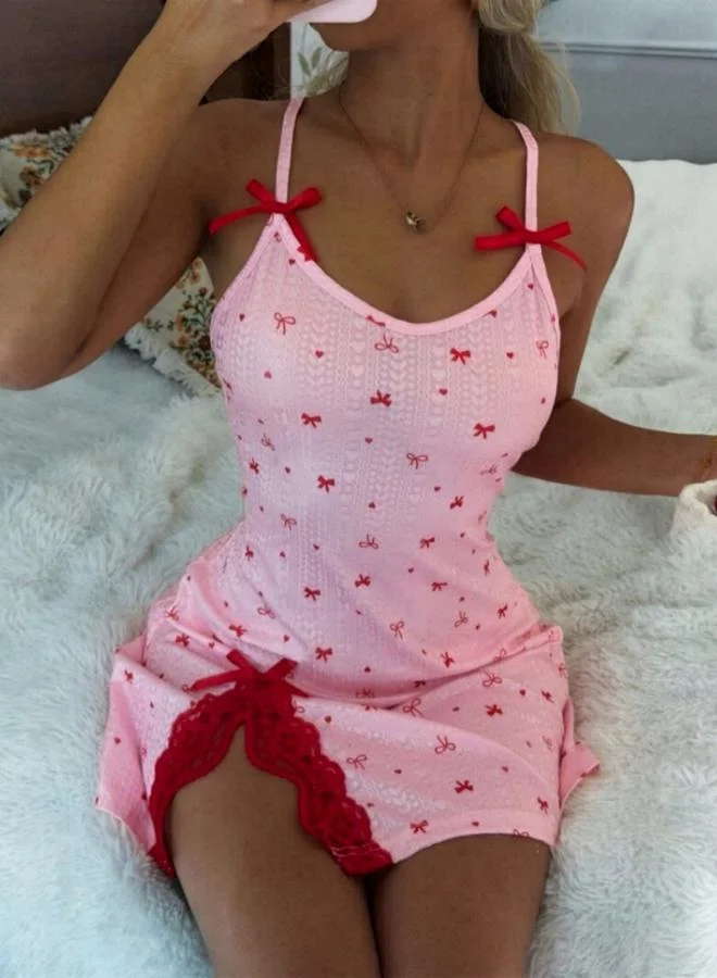 Take Two Pink Bow Print Strappy Nightdress