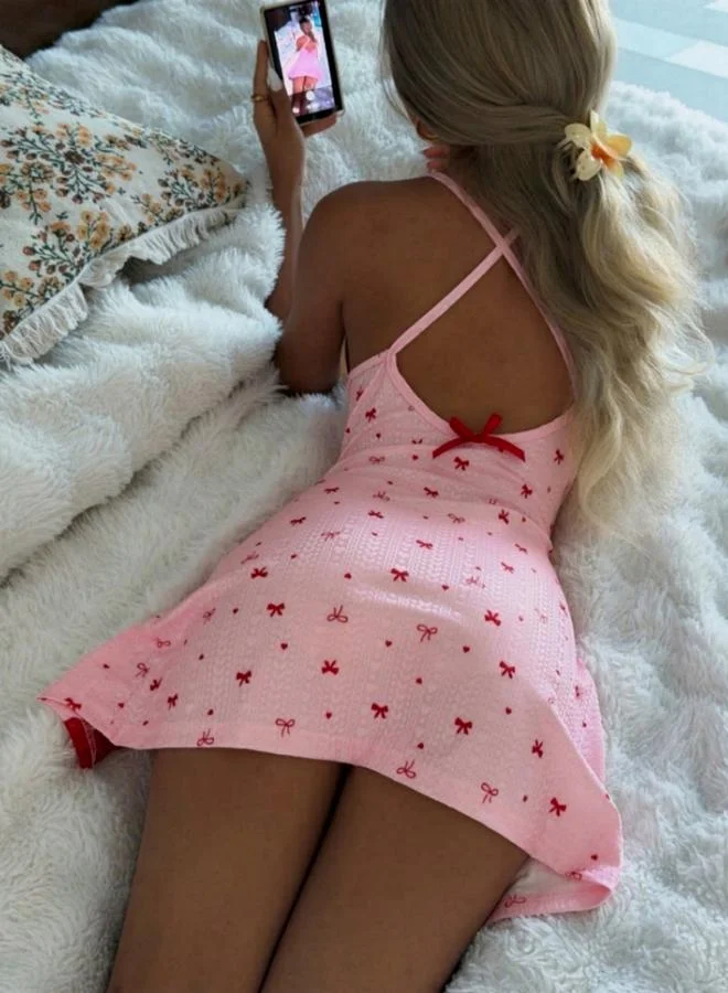 Take Two Pink Bow Print Strappy Nightdress