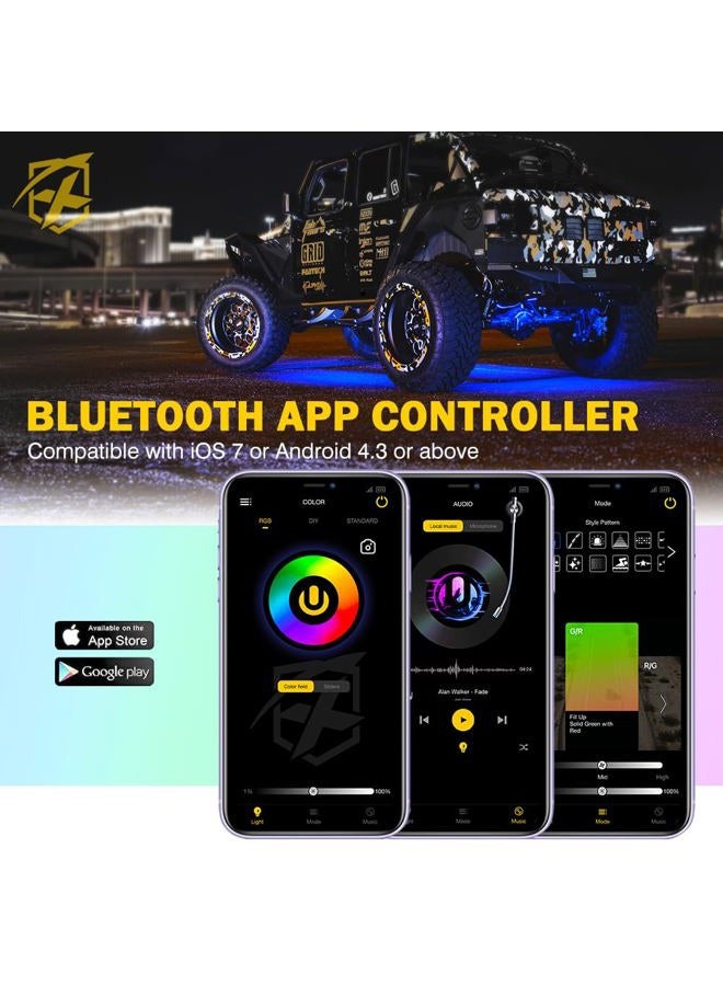 Xprite طقم أضواء صخرية LED RGBW مع بلوتوث وجهاز تحكم عن بعد لاسلكي، أضواء تحت السيارة متعددة الألوان، أضواء العجلات، أضواء القدم، لسيارات الدفع الرباعي، الدراجات النارية، القوارب - 4 وحدات - Image 5
