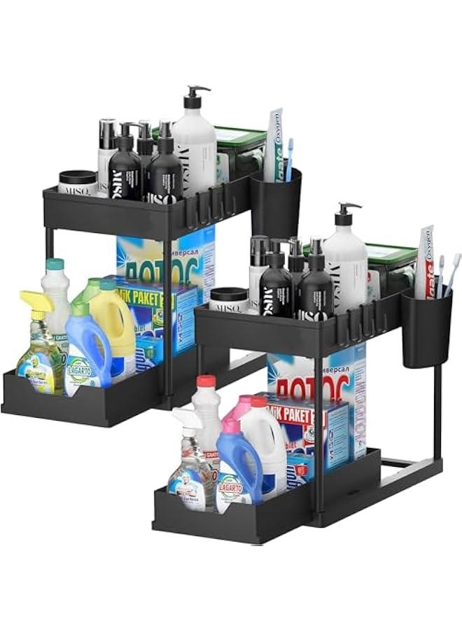 بيوينتي سكاي-تاتش قطعتان من رفوف تخزين المطبخ مزدوجة الطبقات نوع سحب منظم تحت الحوض مزدوج منزلق خزانة الحمام مع خطافات 156 × 86 132 سم اسود بلاستيك - Image 1