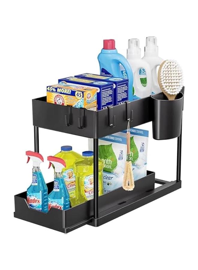 بيوينتي سكاي-تاتش قطعتان من رفوف تخزين المطبخ مزدوجة الطبقات نوع سحب منظم تحت الحوض مزدوج منزلق خزانة الحمام مع خطافات 156 × 86 132 سم اسود بلاستيك - Image 2