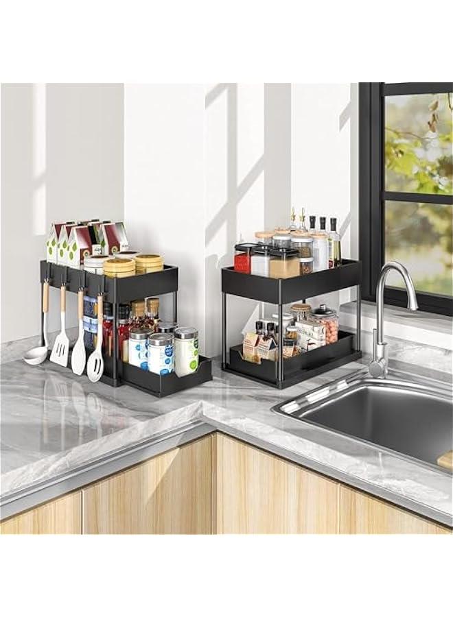 بيوينتي سكاي-تاتش قطعتان من رفوف تخزين المطبخ مزدوجة الطبقات نوع سحب منظم تحت الحوض مزدوج منزلق خزانة الحمام مع خطافات 156 × 86 132 سم اسود بلاستيك - Image 4