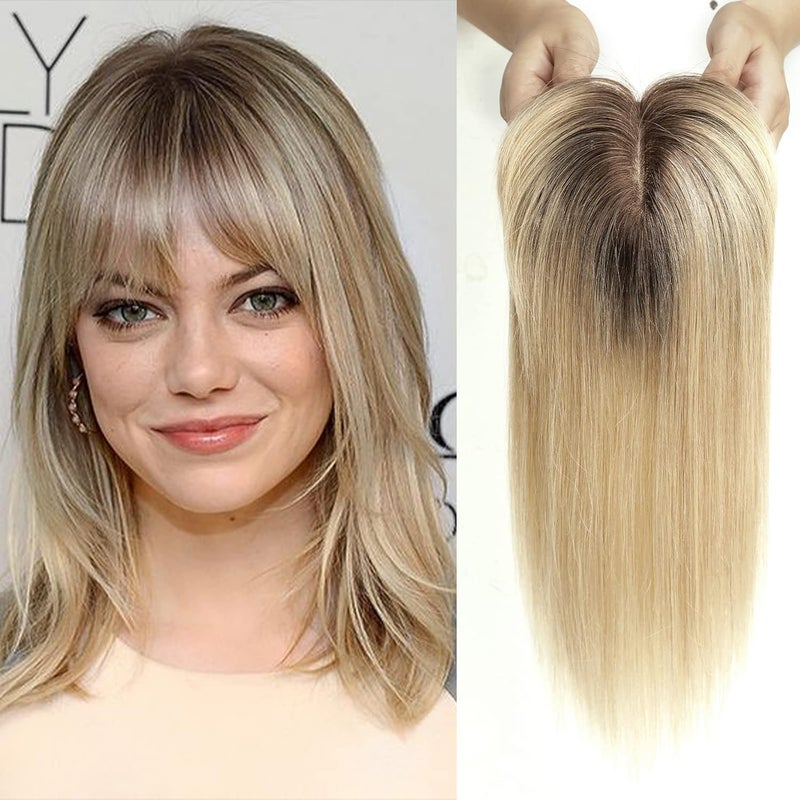 HAIRCUBE توبير شعر بشري للنساء، 100% ريمي توبير مع غرة، كثافة 150% قاعدة حريرية قابلة للتثبيت بطول 14 بوصة 40 جرام - أومبري بلوند فاتح