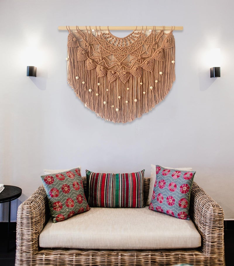 Youngeast Large Macrame Wall Hanging Boho Beaded Curtain for Window Macrame Bedroom Headboard Living Room Wall Art Tassel Tapestry Bohemian Woven Wall Decor 31" W X 25" H (Khaki) - Image 3