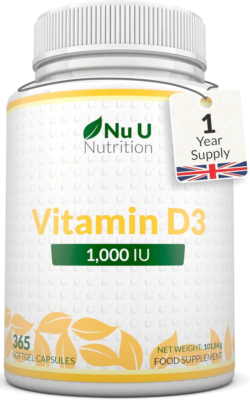 Nu U Nutrition Vitamin D 1000IU 365 Softgels Capsules 1 a Day 1 Year Supply High Strength Vitamin D Supplement Cholecalciferol VIT D3 Made in The UK Nu U Nutrition - Image 1