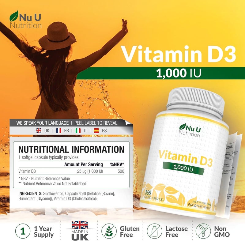 Nu U Nutrition Vitamin D 1000IU 365 Softgels Capsules 1 a Day 1 Year Supply High Strength Vitamin D Supplement Cholecalciferol VIT D3 Made in The UK Nu U Nutrition - Image 2