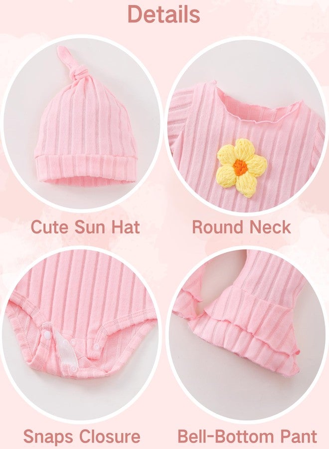 Renotemy Preemie Newborn Baby Girl Clothes Infant Short Sleeve Romper Summer Outfits Gifts for Girls Bell Bottoms Pants Set, Light Pink, New Born - Image 5