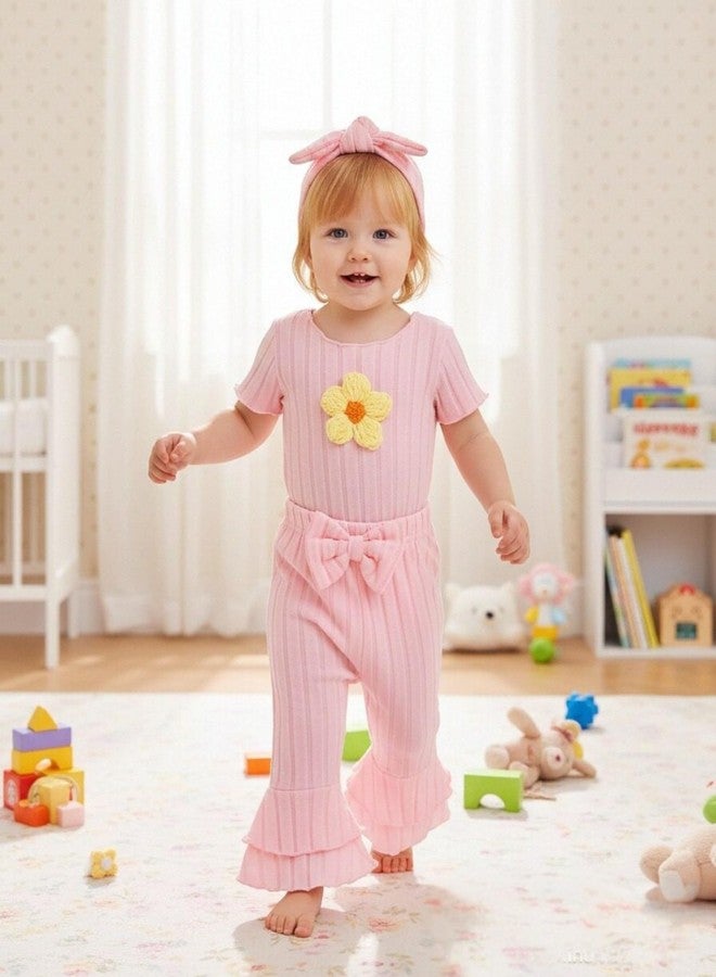 Renotemy Preemie Newborn Baby Girl Clothes Infant Short Sleeve Romper Summer Outfits Gifts for Girls Bell Bottoms Pants Set, Light Pink, New Born - Image 2