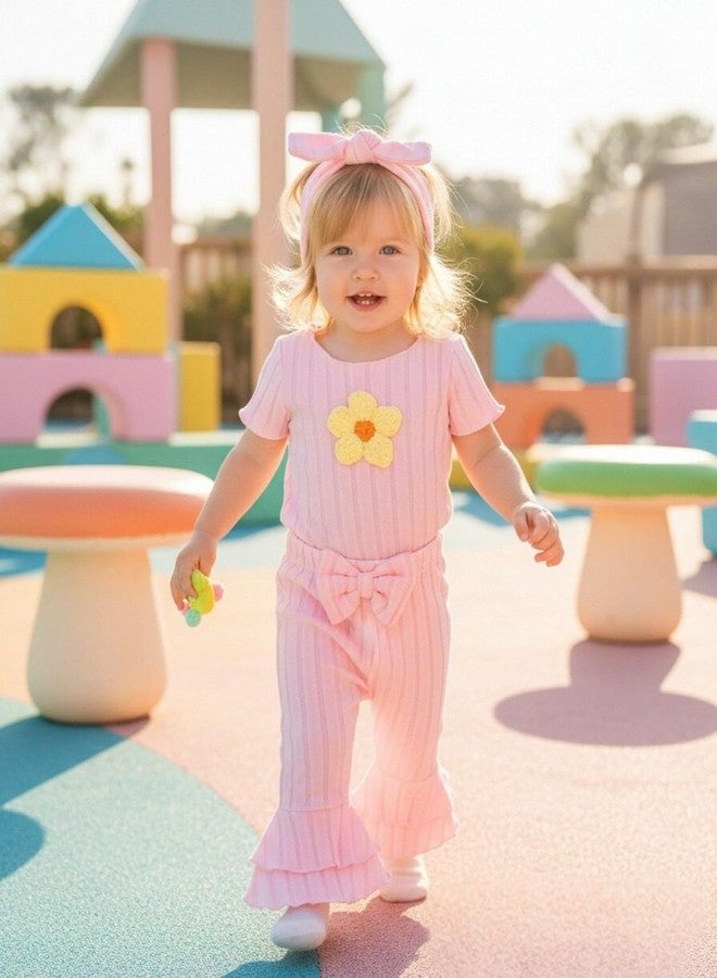 Renotemy Preemie Newborn Baby Girl Clothes Infant Short Sleeve Romper Summer Outfits Gifts for Girls Bell Bottoms Pants Set, Light Pink, New Born - Image 3