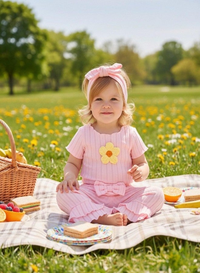 Renotemy Preemie Newborn Baby Girl Clothes Infant Short Sleeve Romper Summer Outfits Gifts for Girls Bell Bottoms Pants Set, Light Pink, New Born - Image 4