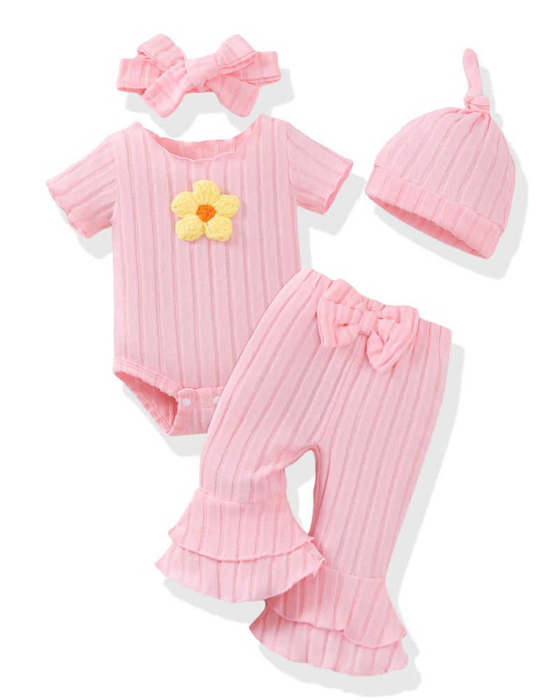 Renotemy Preemie Newborn Baby Girl Clothes Infant Short Sleeve Romper Summer Outfits Gifts for Girls Bell Bottoms Pants Set, Light Pink, New Born - Image 1