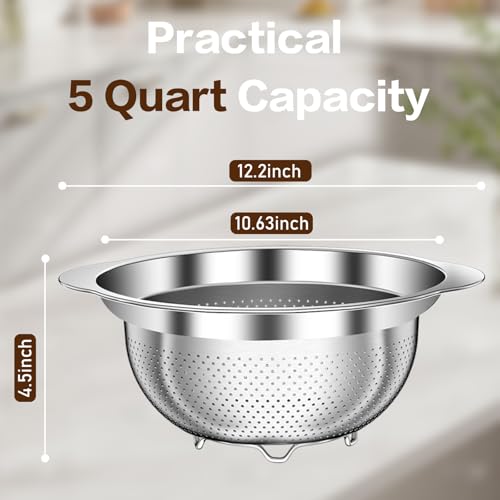 STOCKPOT Stainless Steel Colander for Kitchen, 5 Quarts Stainless Steel Strainer, Pasta Strainer for Spaghetti Fruits Vegetables Cooking Food, Large Capacity with Handle Kitchen Food Strainer Basket - 1 Pack - Image 2