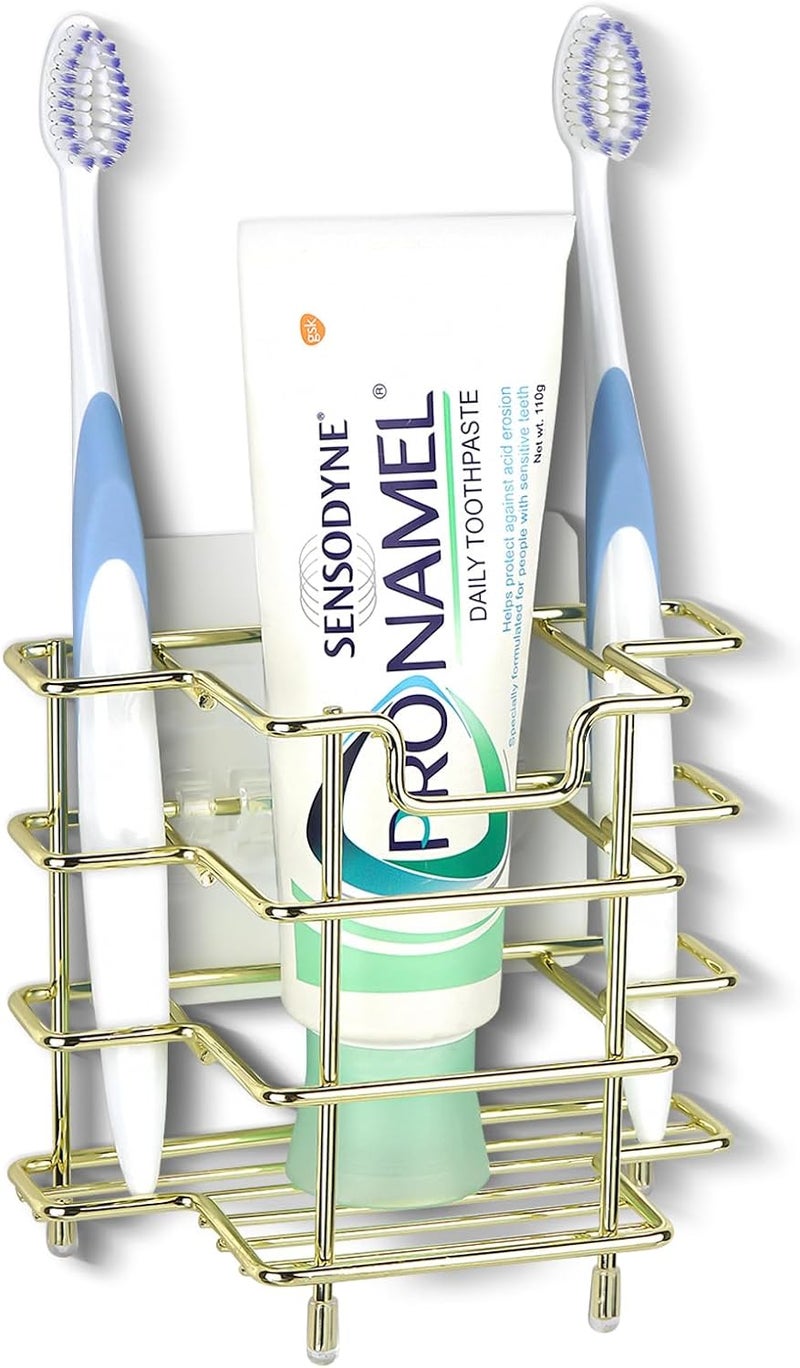 Linkidea Wall Mount/Countertop Toothbrush Holder for Shower, Stainless Steel Toothpaste Stand, 3 Slots Organizer Compatible with Colgate Extra Clean, Oral-B CrossAction (Gold) - Image 1