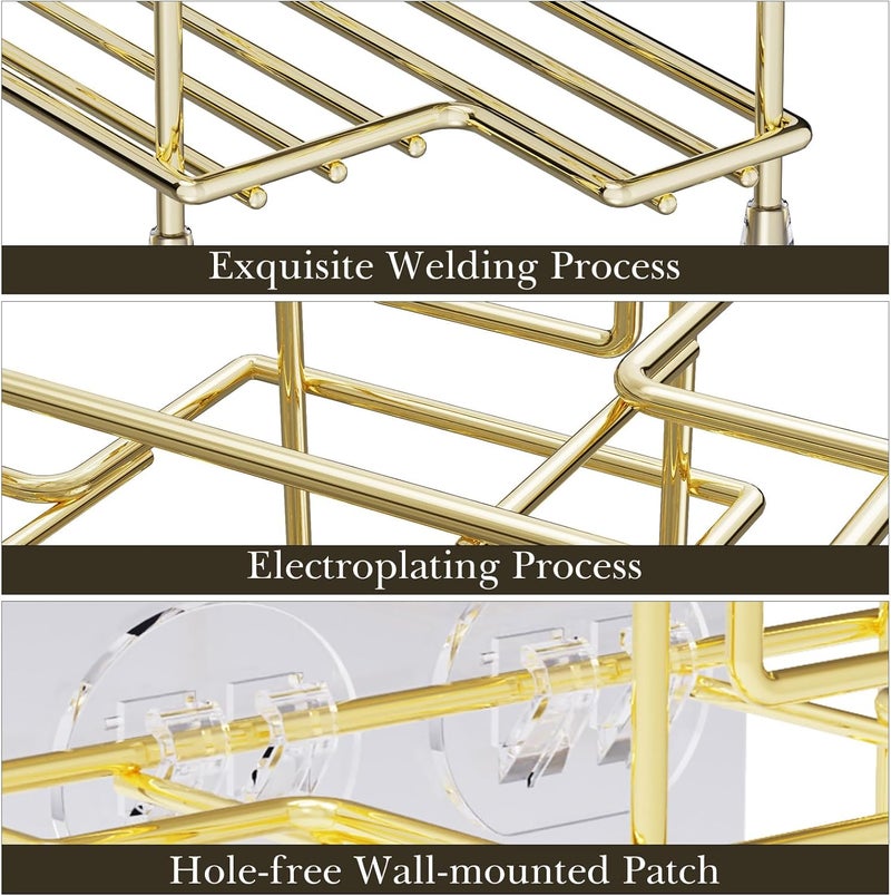 Linkidea Wall Mount/Countertop Toothbrush Holder for Shower, Stainless Steel Toothpaste Stand, 3 Slots Organizer Compatible with Colgate Extra Clean, Oral-B CrossAction (Gold) - Image 5