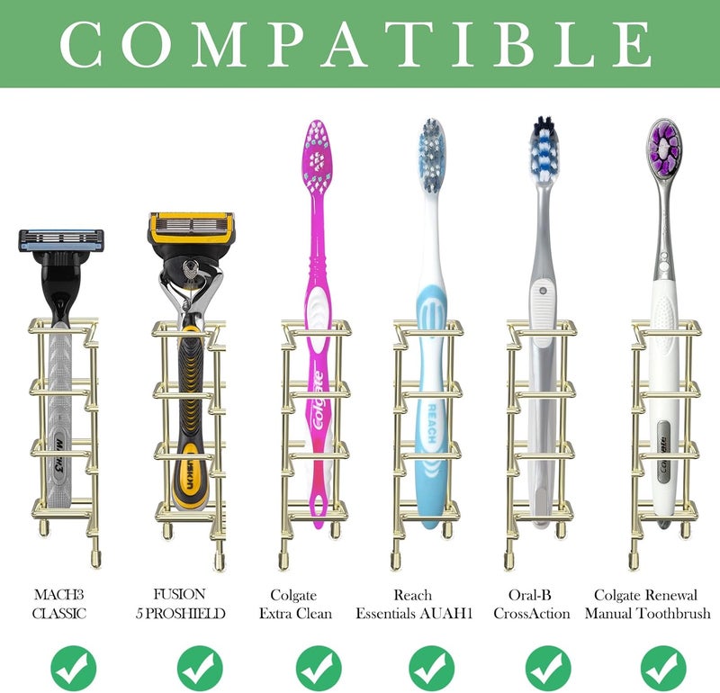 Linkidea Wall Mount/Countertop Toothbrush Holder for Shower, Stainless Steel Toothpaste Stand, 3 Slots Organizer Compatible with Colgate Extra Clean, Oral-B CrossAction (Gold) - Image 2