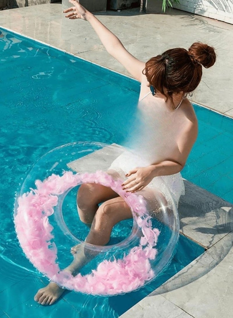 Transparent swim ring with internal pink feather design, perfect for summer parties, pools, and beaches. Large size swim ring (60 cm).  - Image 2