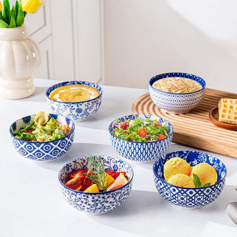 Cerkik Ceramic Dessert Bowls Set - 11 Oz Small Ice Cream Bowl for kitchen - 4.7 Inch Porcelain Cereal Bowl for Fruits  Salad  Side Dishes  Ramen - Microwave Dishwasher Safe - Set of 6 - Vintage Blue - Image 3